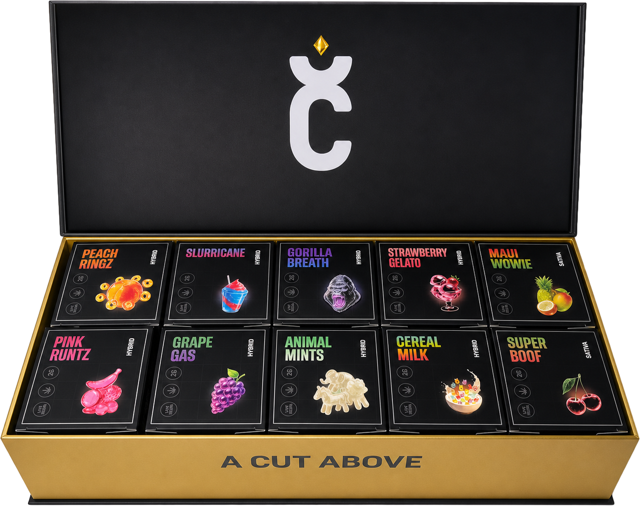 Drop 004: all ten UNCUT CARTS strain boxes inside the open gold master box