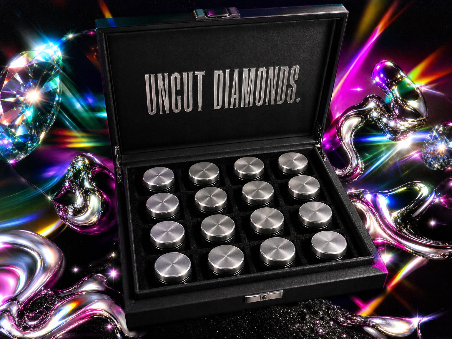 UNCUT DIAMONDS presentation case, open, holding sixteen half-ounce diamond sauce jars in a 4x4 velvet tray
